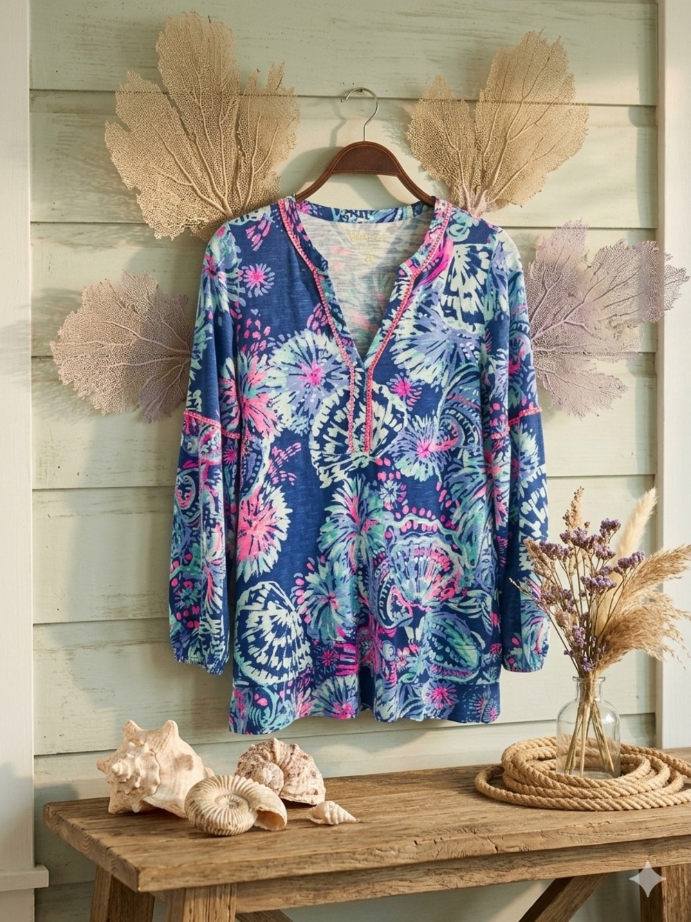 Lilly Pulitzer Blue Floral V-Neck Long Sleeve Tunic